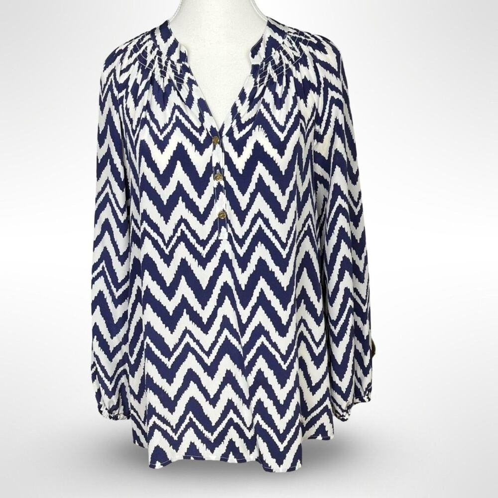 LILLY PULITZER‎ Elsa Silk Womens Small Top Navy Chevron Long Sleeve Blouse Top